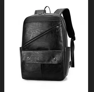 Side view of black faux leather backpack with diagonal zipper and flap pocket detail