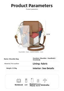 Größenangaben und Parameter der mehrfarbigen Mini-Umhängetasche im Patchwork-Design