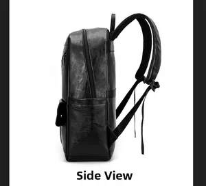 Side view of black faux leather backpack showing ergonomic straps and textured surface