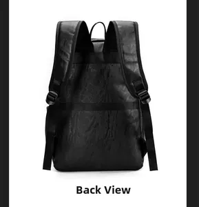 Back view of a black pebbled leather laptop backpack with adjustable shoulder straps