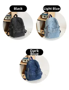 Comparaison détaillée de sacs à dos en denim vintage en noir, bleu clair et bleu foncé