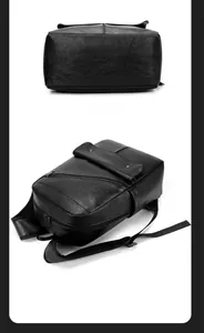 Detailed bottom and flat view of the black textured leather backpack with zipper pockets