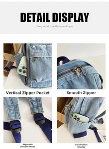 Détails du sac à dos en jean avec poche latérale, fermeture éclair et bretelles