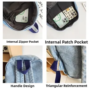 Détails d'un sac à dos en denim bleu clair montrant les poches internes et coutures renforcées