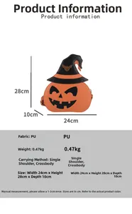 Detailed dimensions of pumpkin crossbody bag with wizard hat and bat pattern design