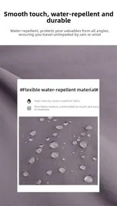 Dettaglio del tessuto in nylon viola impermeabile con macro gocce d'acqua sulla superficie