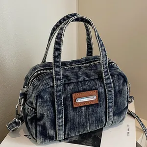 Retro Washed Denim Handbag For Women Vintage Boston Bag With Adjustable Strap Casual Crossbody Shoulder Bag Small Travel Purse
