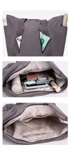 Dettaglio della borsa tote in nylon impermeabile con interno spazioso a tasche multiple