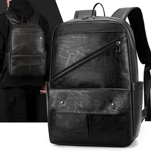 Men Vintage PU Leather Backpack Large Capacity Laptop Bag Business Travel Commuter Shoulder Bag With Trolley Strap Retro Style