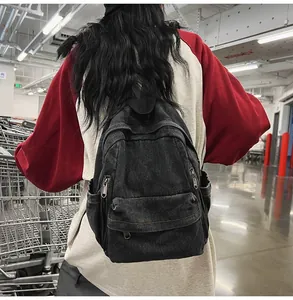 Détail d'un sac à dos vintage en denim noir charbon porté par un mannequin en magasin