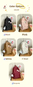 Quilted backpack collection in black pink khaki white and wine red with bow embroidery