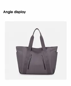 Borsa tote in nylon impermeabile viola fumo con doppie tasche frontali con cerniera