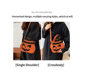 Detail showing the orange pumpkin bag with black wizard hat worn as shoulder and crossbody bag