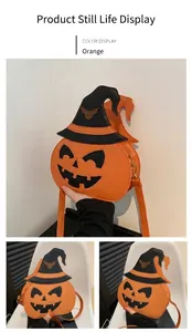 Detailed views of pumpkin shaped shoulder bag with wizard hat and bat charm in orange