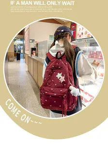 Close-up of quilted burgundy backpack with white bow embroidery and plush star charm