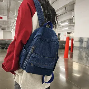 Sac à dos en denim bleu foncé vintage avec poche à rabat pour étudiants et voyage