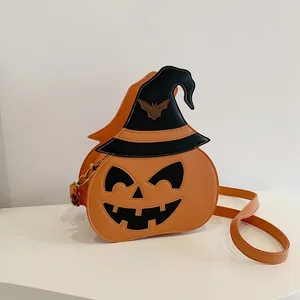 Orange pumpkin crossbody bag with black wizard hat and bat for Halloween parties
