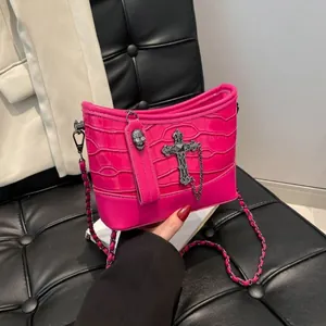 Women Gothic Punk Quilted Crossbody Bag With Metal Cross Skull Pendant Metal Chain Strap PU Leather Fashion Shoulder Bag