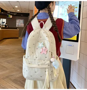 Detailed quilted texture of beige backpack featuring bow embroidery and star patches