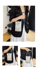 Detail of traditional Chinese style mini crossbody bag with landscape embroidery and pearl