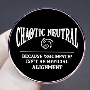 Chaotic Neutral DND enamel pin badge with white text on black background for RPG fans