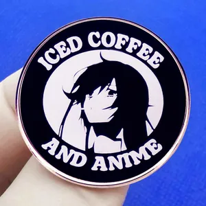 Iced Coffee and Anime round enamel pin badge with rose gold metal finish for coffee lovers