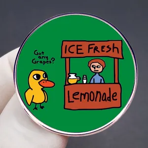 Cartoon duck enamel pin badge with 'Got any Grapes?' text on green background