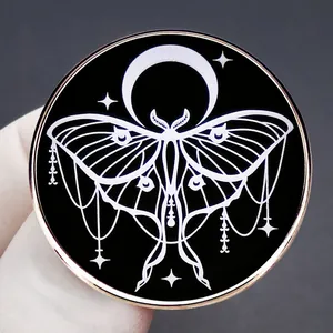 Gothic Lunar Moth Enamel Pin with crescent moon and stars in rose gold metal
