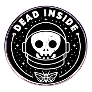 Funny dead inside astronaut skull enamel pin badge with stars and moth design