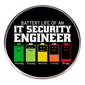 Funny engineer social battery enamel pin showing weekly energy levels on black metal badge