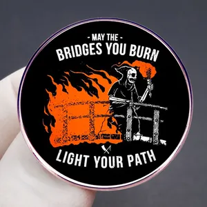 Grim Reaper enamel pin featuring fire bridge design and motivational product quote