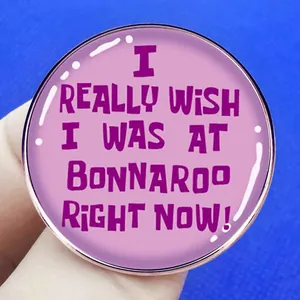 Pink Bonnaroo Music Festival metal brooch pin featuring I Wish I Was At Bonnaroo text