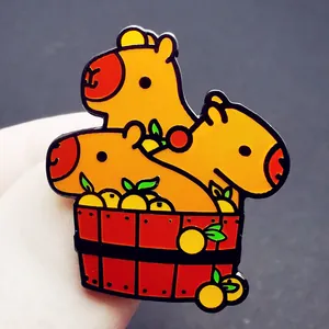 Three cute capybaras in a red wooden bucket bath enamel pin with citrus fruits