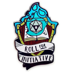 Fantasy Roll For Initiative Enamel Pin Alloy Shield Book D20 Dice Brooch For Backpack Clothing Accessories Unisex Game Jewelry