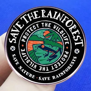 Épingle émaillée écologique Grenouille de la forêt tropicale avec slogan Save the Rainforest