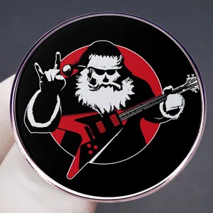 Punk Rock Santa enamel pin featuring a skull theme with electric guitar and sunglasses