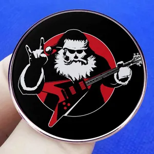 Punk Rock Christmas Santa Badge with Red Electric Guitar and Sunglasses on Metal Pin