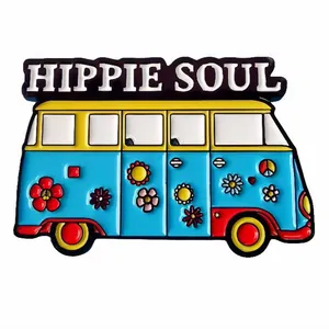 Broche Émail Hippie Soul Bus Rétro en Alliage Forme de Bus Avec Fleurs et Signe de Paix Badge Vintage Accessoires de Bijoux