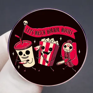 Detail of horror movie badge with cartoon popcorn, hotdog and drink icons