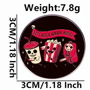 Let's Watch Horror Movies metal pin badge with cartoon food and Jason mask design