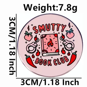 Smutty Book Club enamel pin with flame and handcuffs design, 3cm round metal badge