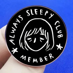 Funny Always Sleepy Club Member brooch pin featuring a tired face on black alloy metal