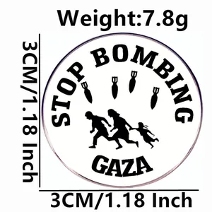 Stop Bombing Gaza enamel badge in metal alloy with silhouette design and 3cm diameter