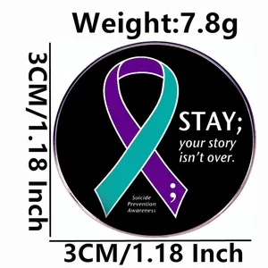 Suicide prevention enamel pin featuring purple ribbon and semicolon on black alloy base