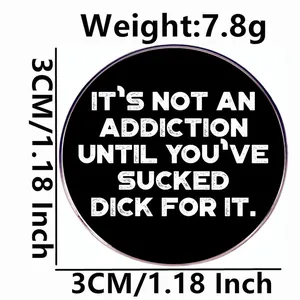 Round black enamel brooch with white text, 3cm diameter, metal badge accessory
