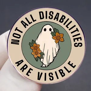 Ghost enamel pin with Not All Disabilities Are Visible text and orange flowers