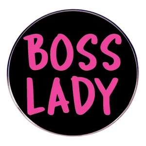 Round Alloy Boss Lady Enamel Pin Brooch For Women Pink Lettering Black Badge Decorative Jewelry Accessory For Clothes Bags