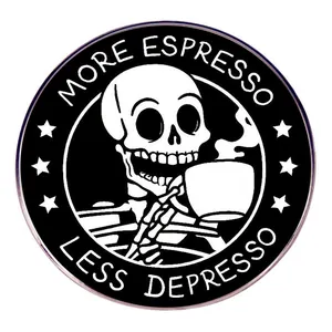 Humor More Espresso Less Depresso Skull Enamel Pin Alloy Metal Badge Brooch For Backpack Jacket Hat Punk Jewelry Gift