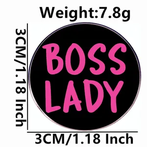 3cm Boss Lady metal enamel pin badge with pink lettering and 1.18 inch diameter size