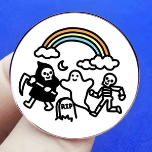Cartoon Grim Reaper and ghost enamel pin featuring a rainbow and RIP tombstone